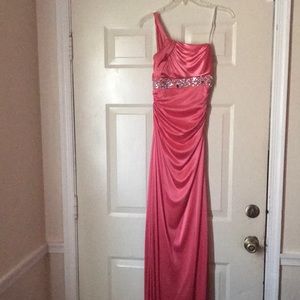 Beautiful peach colored one shoulder prom dress